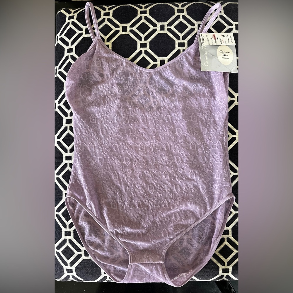 NWT Vintage Christian Dior Monogrammed w Print Lavender Lace Bodysuit - Picture 7 of 13